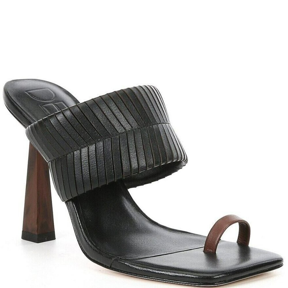 Black Fringe Leather Mule Heel with Brown Toe Loop